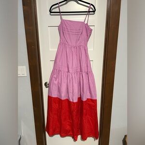 CHICWAYS Open Back Tiered Pink Colorblock  Maxi Dress Size Medium